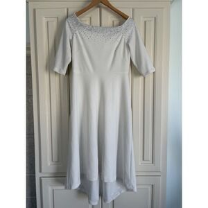 Calvin Klein Cream Asymmetrical 1/2 Sleeved Dress Jeweled Neckline Size 8
